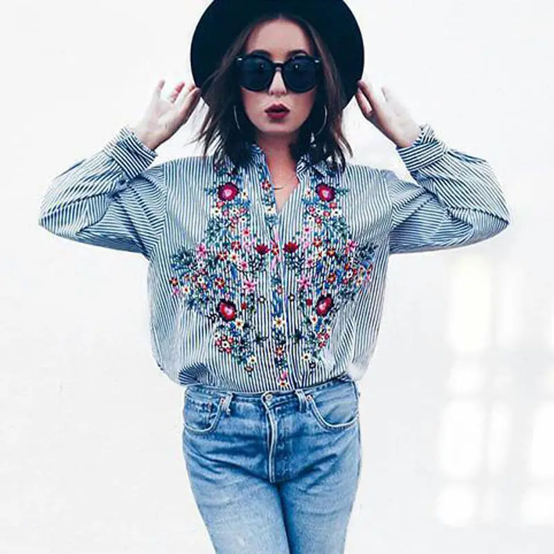 

Women Floral Embroidered Casual Blouse Autumn Long Sleeve Striped Shirt Floral Tops 2018 Fashion