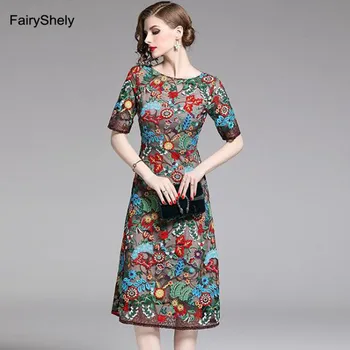

FairyShely 2019 Vintage Autumn Green Floral Embroidery Midi Dress Women Vestidos Elegant Half Sleeve Mesh Evening Party Dress