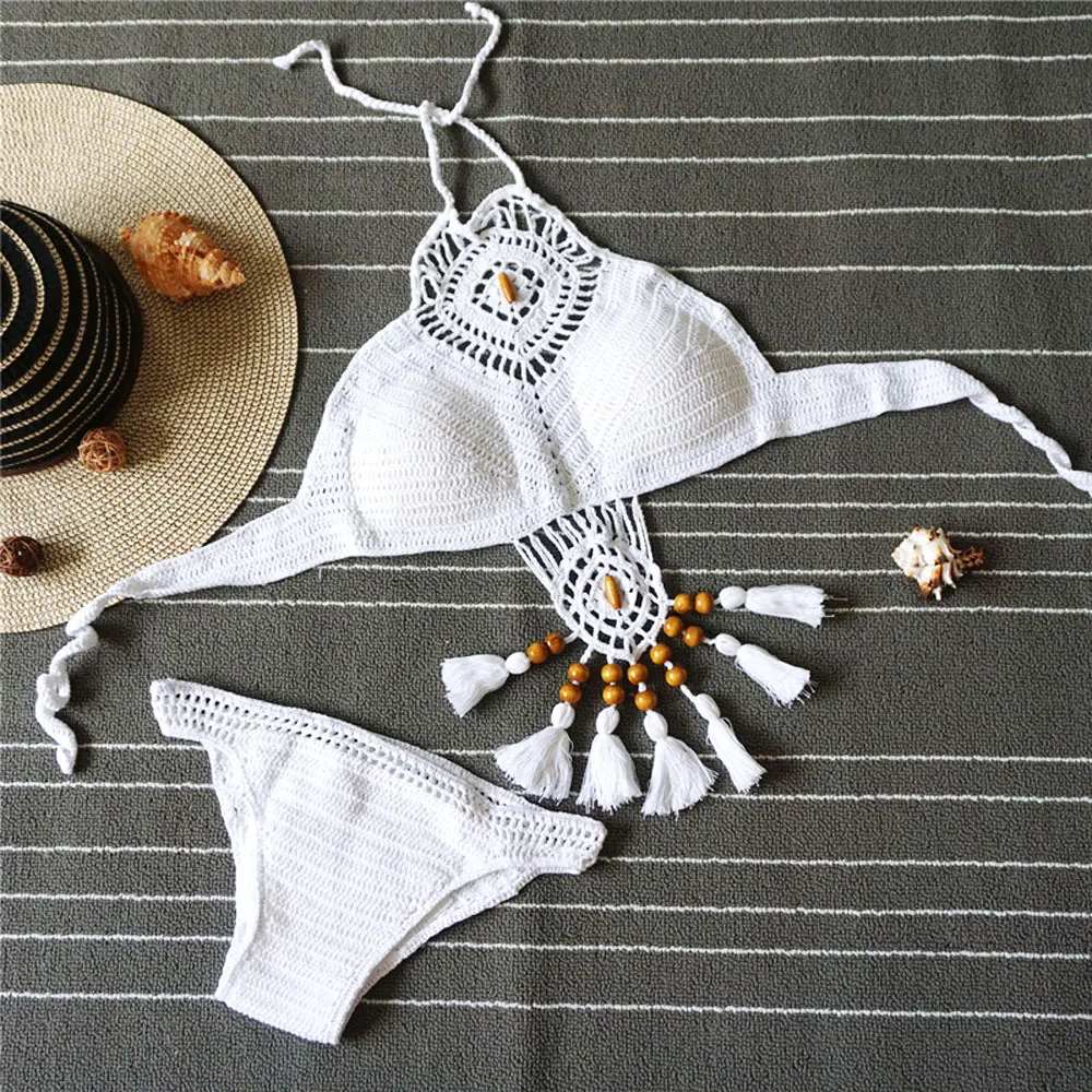 

Summer Women Sexy bohemian Handmade Knitted Sexy Split Swimsuit Khaki Bikini Swimsuit Beach Fringed Star with paragraph #YL5