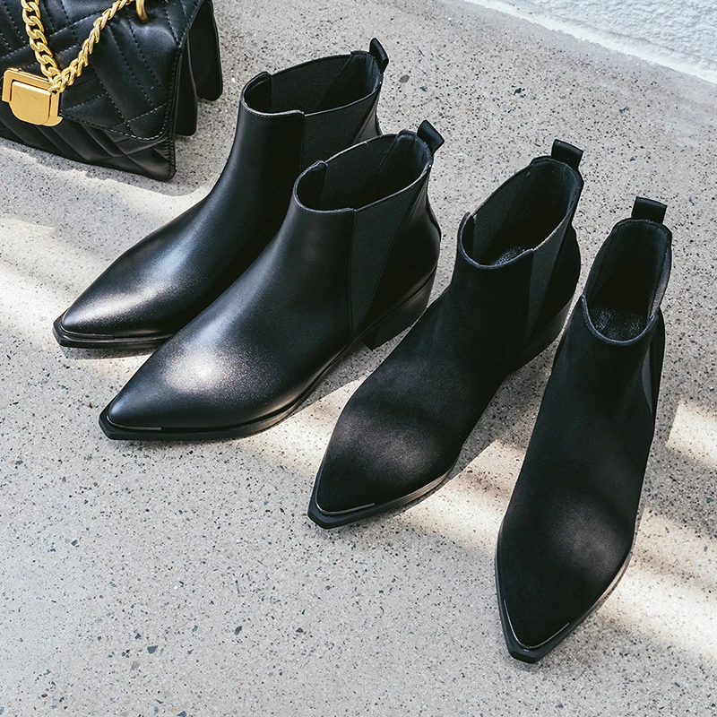 Skup ISNOM Chelsea kostki buty damskie krowa skórzane buty szpiczasty nosek metalowe buty kobieta moda wysokie obcasy na imprezę buty damskie jesień