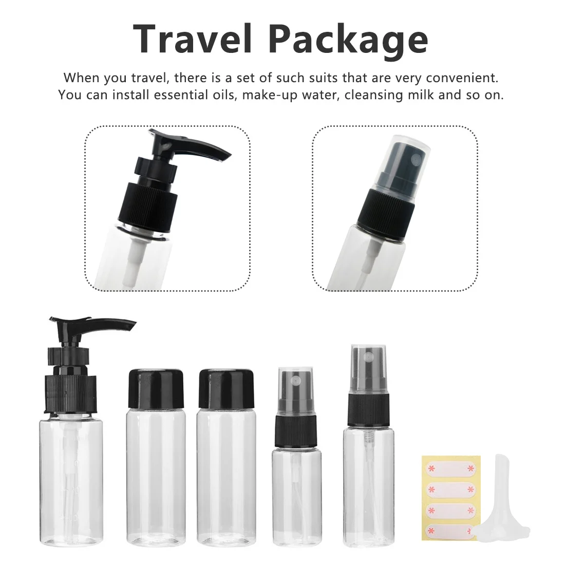 

7pcs / set Flight Size Travel Package Liquid Containers Shampoo Cosmetic Cream Portable Refilable Bottles High Quality