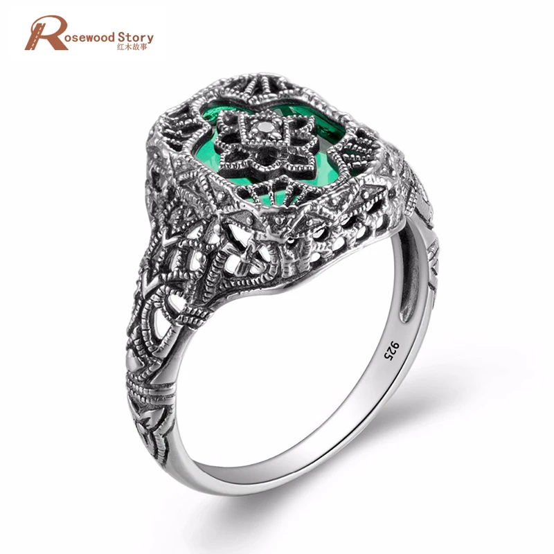 

Women's 925 Sterling Silver Ring Flower Shape Green Stone Zirconia Crystal Solitaire Ring Fashion Jewelry Handmade Vintage Style