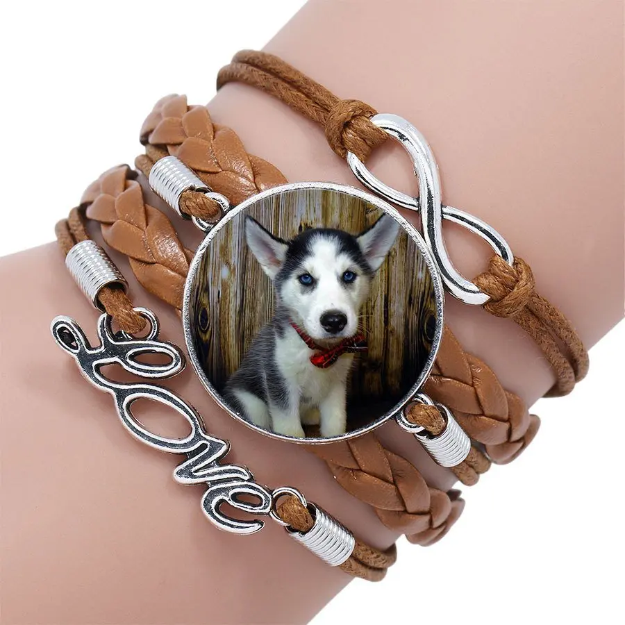 Бисер для детей, стеклянный кабошон с изображением собаки сибирской хаски, новейшие ювелирные изделия, винтажный Многослойный черный/коричневый кожаный браслет