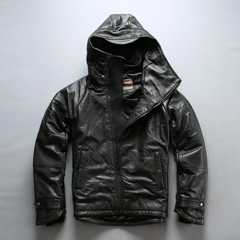 

2019 men's hooded cow leather jacket with duck down winter down jacket men fashionable down coat men with hood black color