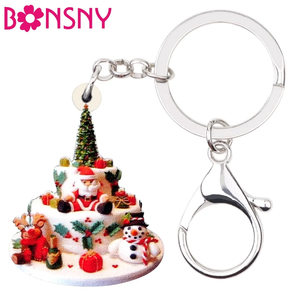

Bonsny Acrylic Christmas Tree Santa Claus Snowman Cake Key Chain Keychain Cute Navidad Xmas Jewelry For Women Girls Tees Pendant