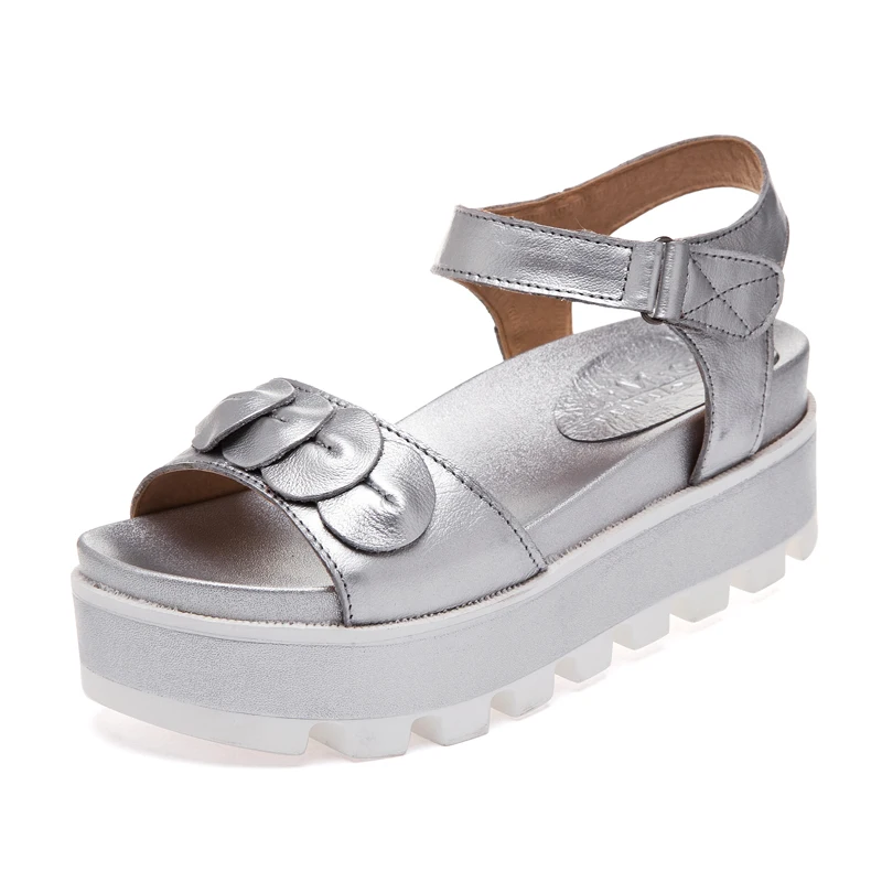 

Genuine Leather Women Sandals 2017 New Casual Platform Summer Shoes For Ladies handmade Female Flat Heel Silver Sandals
