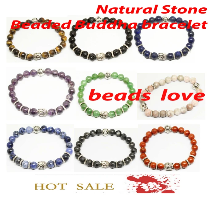 

Silver 8mm Beads Natural Stone Tiger Eye/Volcanic Lava Buddha Bracelets for Men and Women Jewelry 19cm Pick color(W03363-W03371)