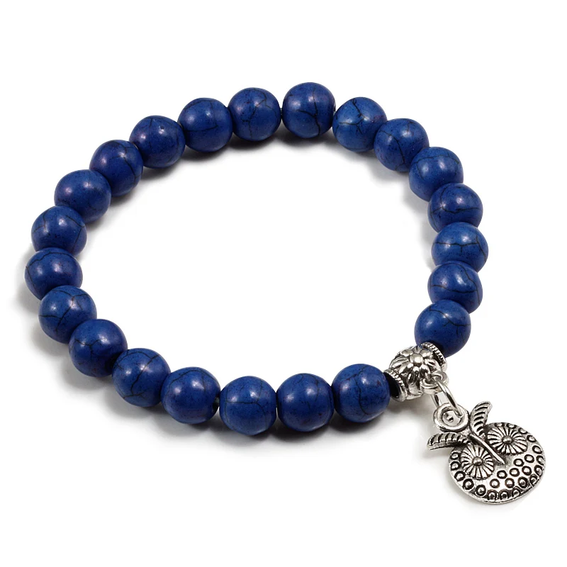 Мода Бохо сова кулон браслет Шарм для женщин мужчин синий черный бусины из природного камня наручные браслеты пара ювелирных изделий - Окраска металла: Blue