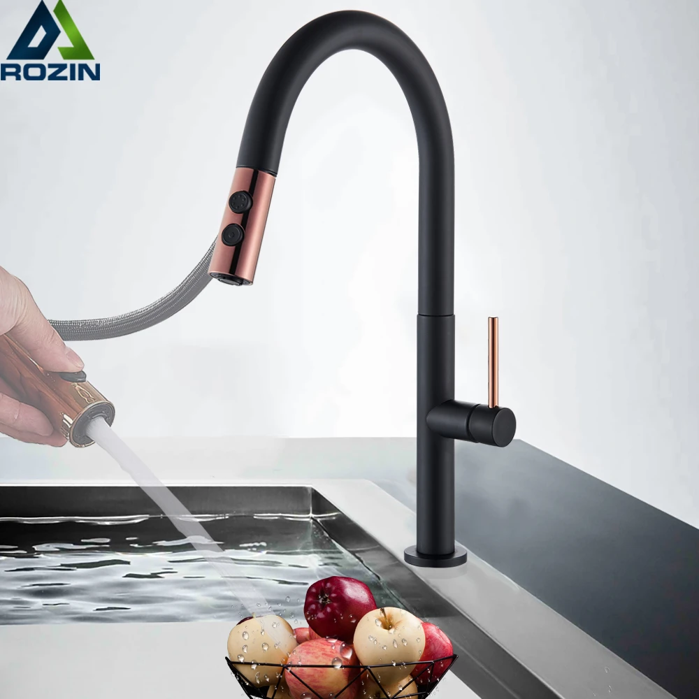 Luxury Black Kitchen Faucet Rose Gold Pull Out Kitchen Head Deck