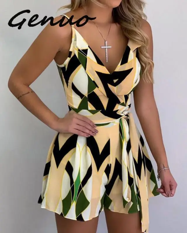 

Genuo NEW Casual Print Women's Jumpsuit V Neck Long Flare Sleeve High Waist Loose Jumpsuits Female Fashion New 2019 Summer