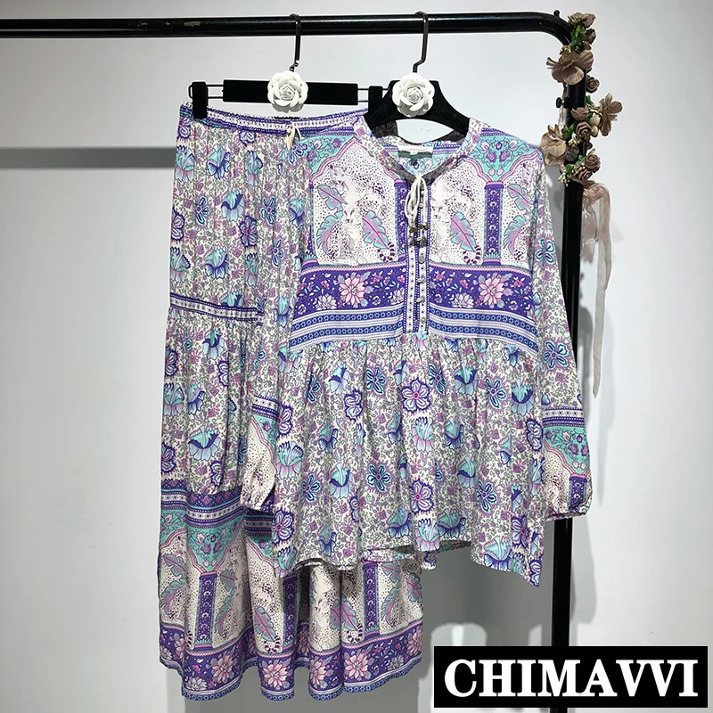 

New Spring and Summer Retro Holiday Style Flower Print Long Sleeve Blouse Shirt + High-waisted Ankle Length Skirt Two Piece Suit