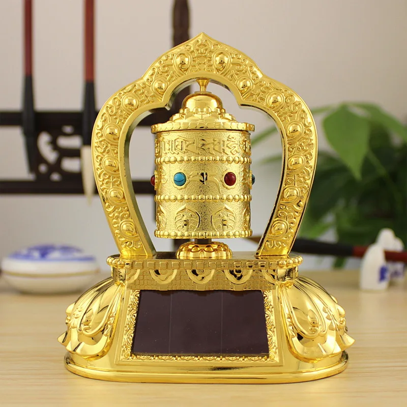 Beste Legering Metalen Zonne energie Gebedsmolen Versieren Auto Thuis Boeddhisme Creative Golden Premium Auto Woondecoratie