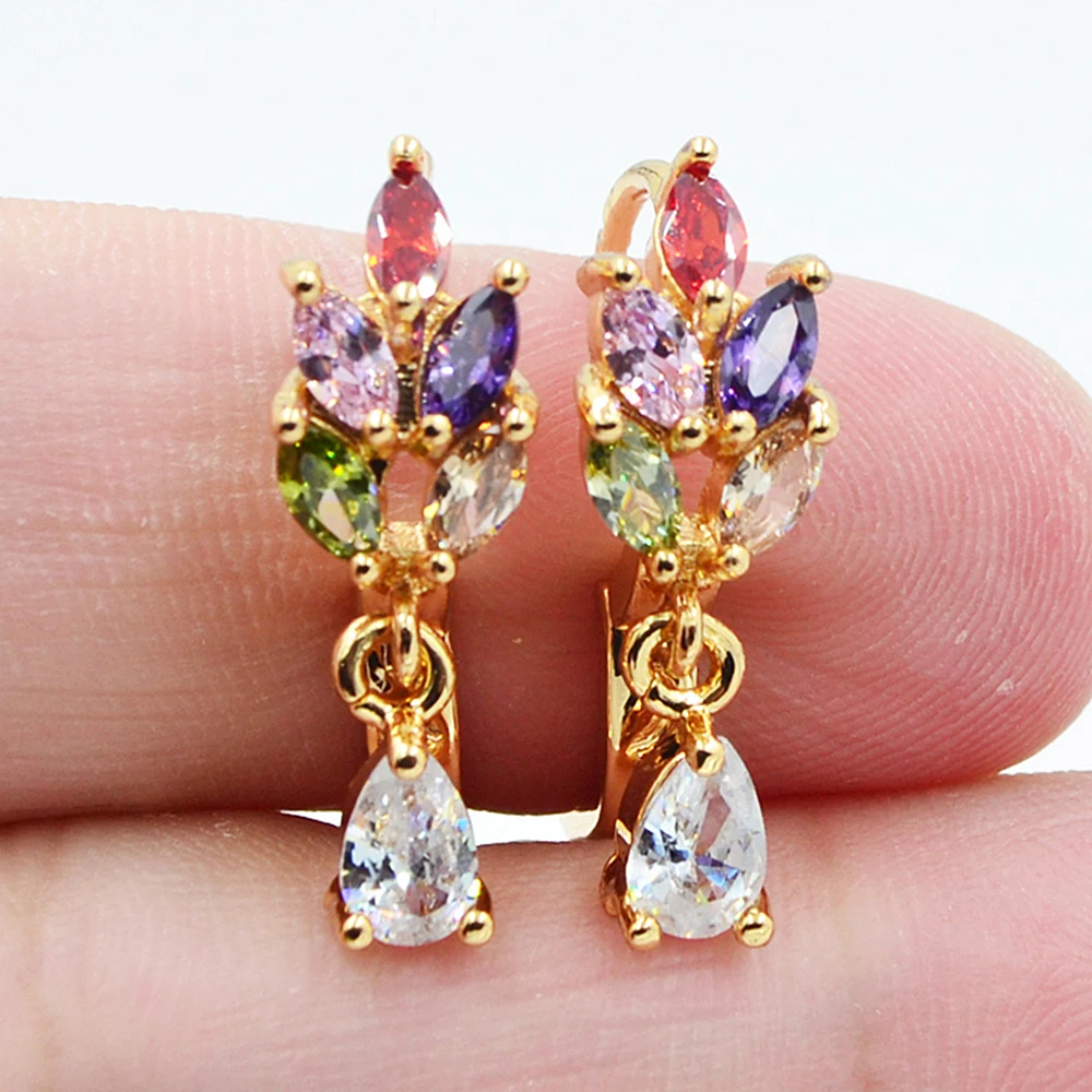 

AAA+ Cubic Zirconia Gold Color Women Fashion Multicolor CZ Teardrop Flower Huggie Hoop Earrings Jewelry