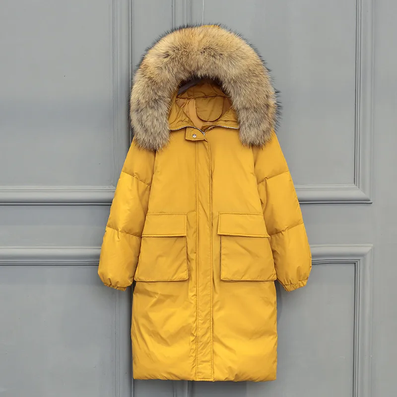 Женская зимняя куртка желтого и черного цвета, большой воротник из натурального меха енота, длинная теплая парка на утином пуху, пальто с капюшоном и карманами, зимняя верхняя одежда - Цвет: Yellow