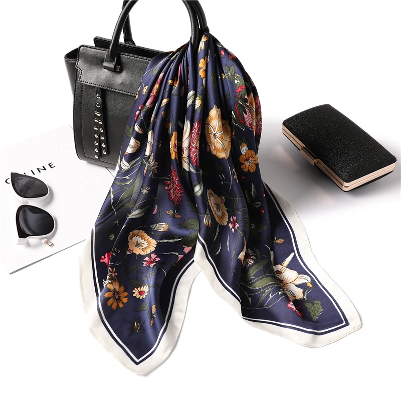 

Women Square Neck Scarfs Flower Print Lady Foulard Neck Scarf Femme Headband Small Shawls Wrap Handkerchief 2019 New