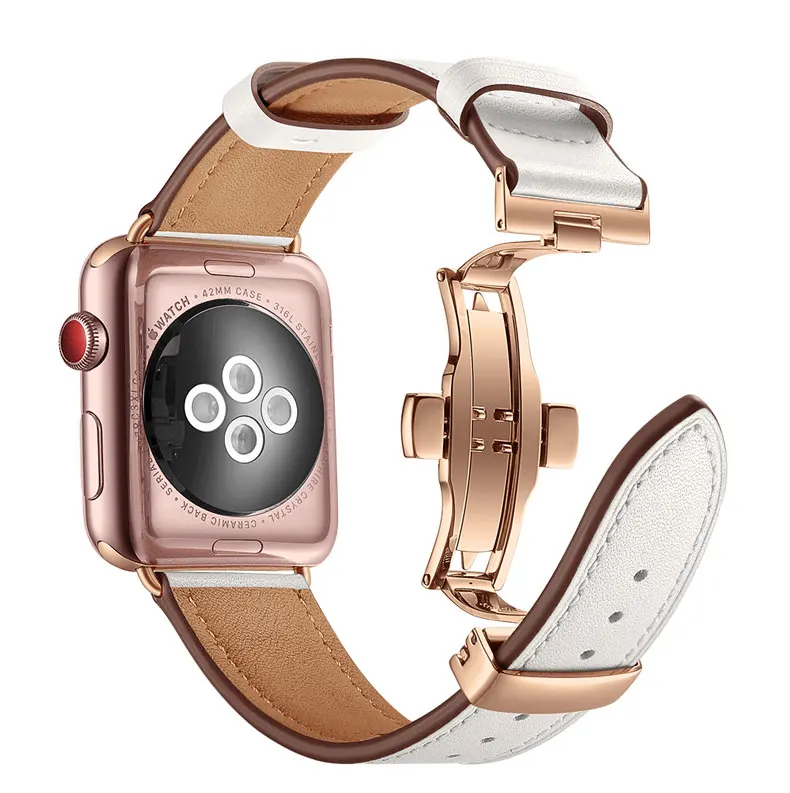 Ремешок из натуральной кожи для Apple Watch 3, 42 мм, 38 мм, ремешок из нержавеющей стали с бабочкой и пряжкой для наручных часов Iwatch Series 3, 2, 1