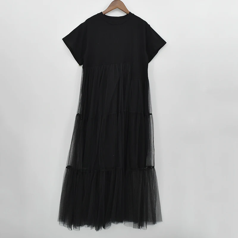 Женское свободное прозрачное платье EAM, черное газовое платье с коротким рукавом, весна,3361