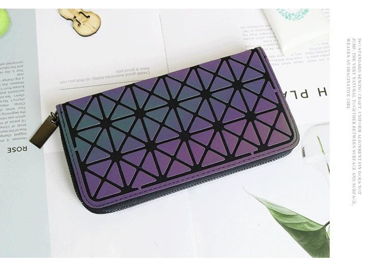 ZYJ Luminous Women Laser Geometry Quilted Plaid Long Wallets Dazzle Colour Girls Zipper Sequins Lattice Clutch Wallet Purse Bag (15)