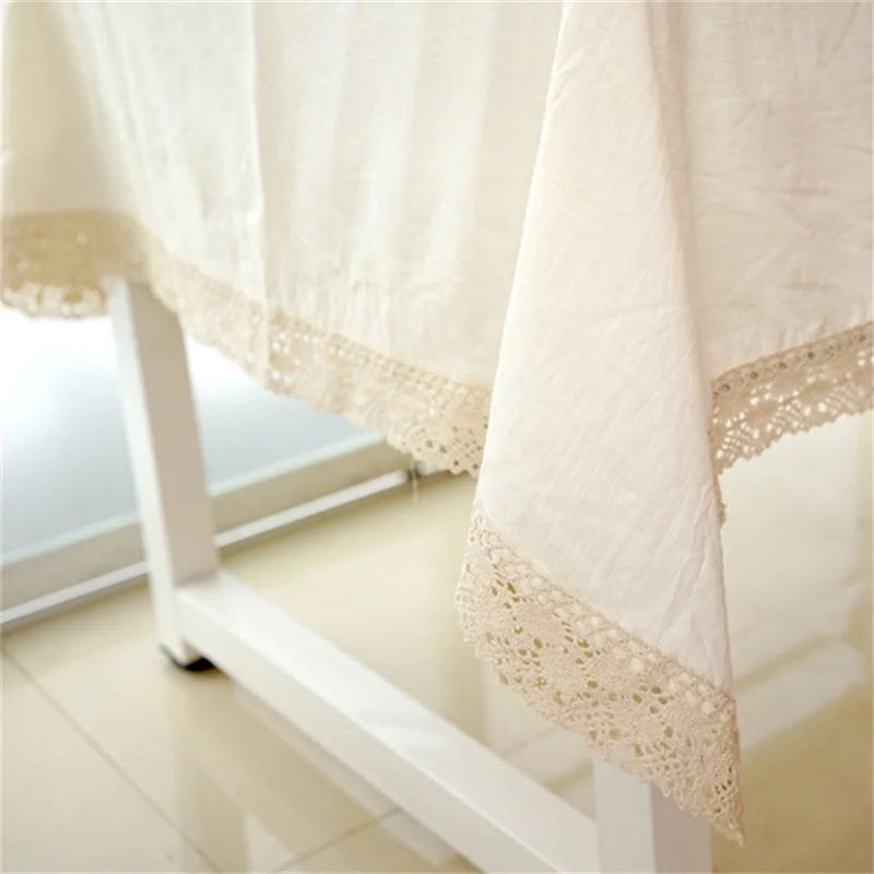  Beige 70% Linen Table Cover Rectangular Lace Edge Nappe Dustproof Tablecloth Home Wedding Party Dec