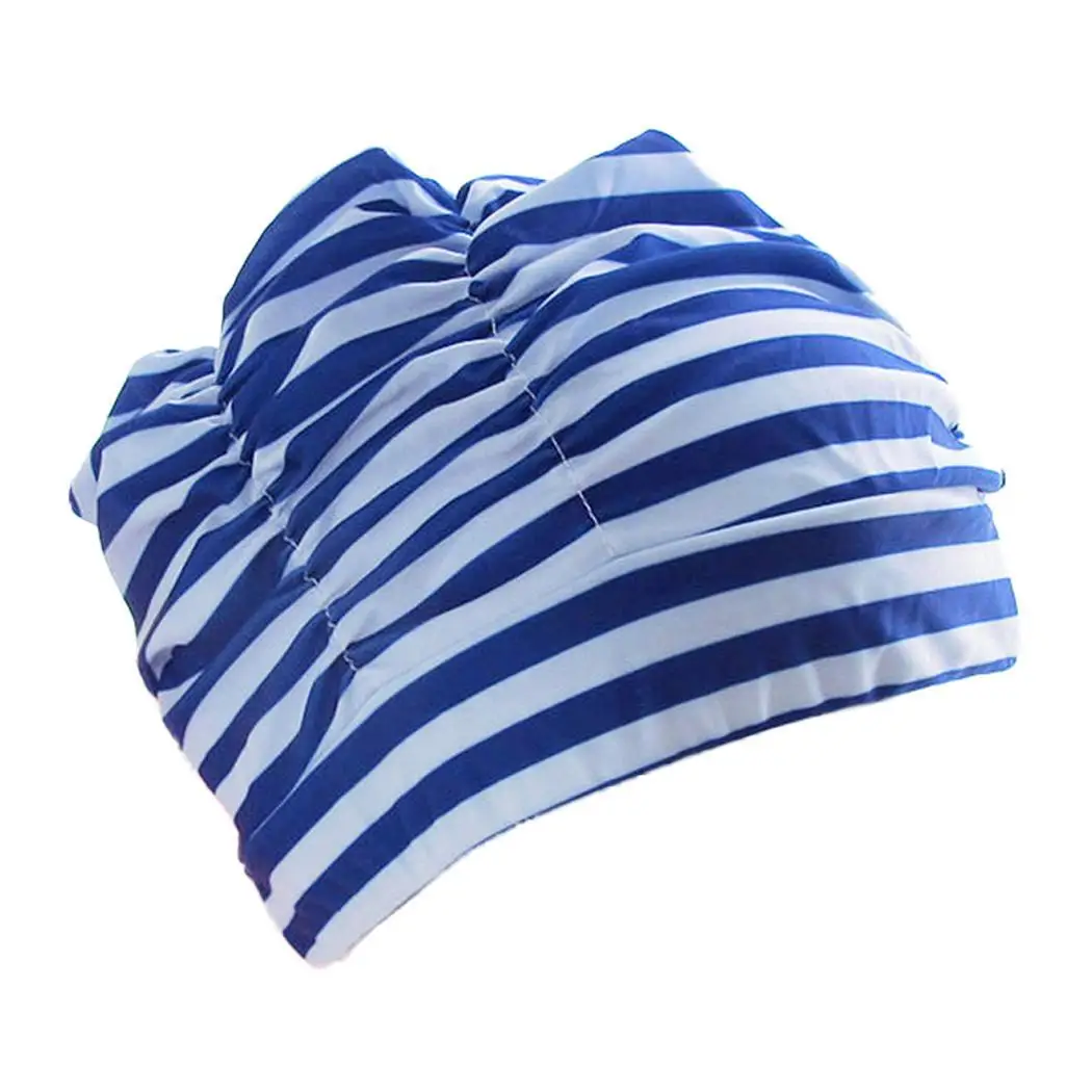 Плиссированные цветочные Лепестковые принты, тканевые плавающие шапки ming для плавания, бассейна, пляжа, серфинга, защищают длинные шапки с ушками, шапки размера плюс для женщин и мужчин - Цвет: blue white striped