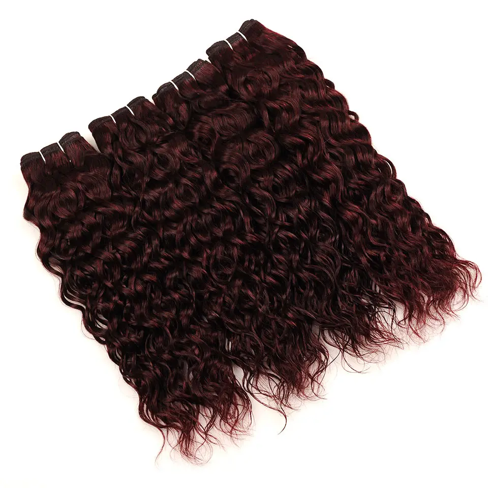 Pinshair Water Wave Hair Dark Red Peruvian 4 Bundles With Closure Burgundy Wet Wavy Non Remy Water Wave Human Hair With Closure (73)