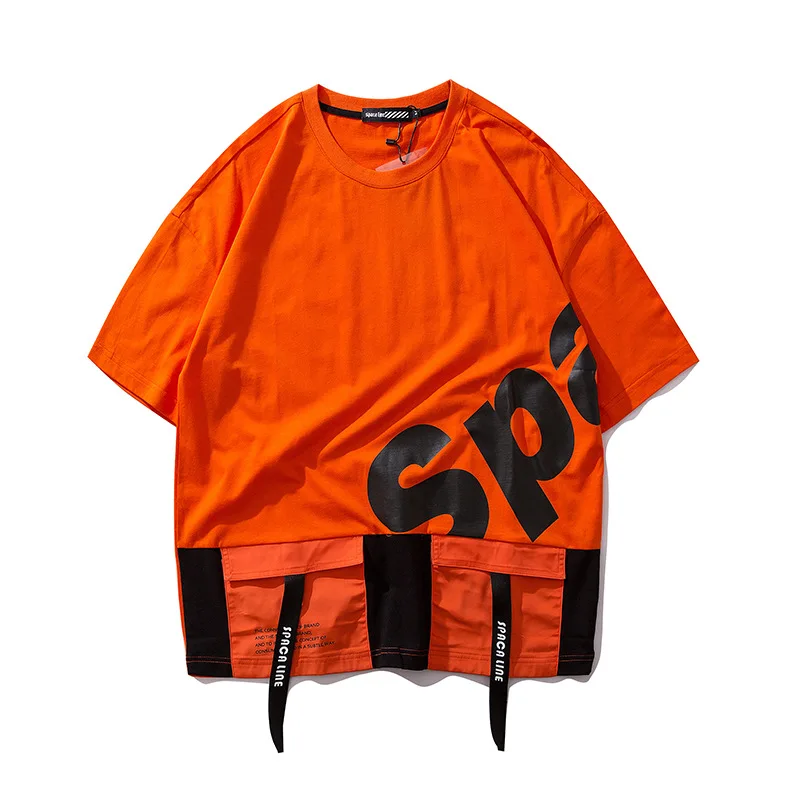 Японская уличная летняя модная черная оранжевая однотонная хлопковая Футболка с лентами, с круглым вырезом, в стиле хип-хоп, с коротким рукавом, мужские футболки, топы - Цвет: orange