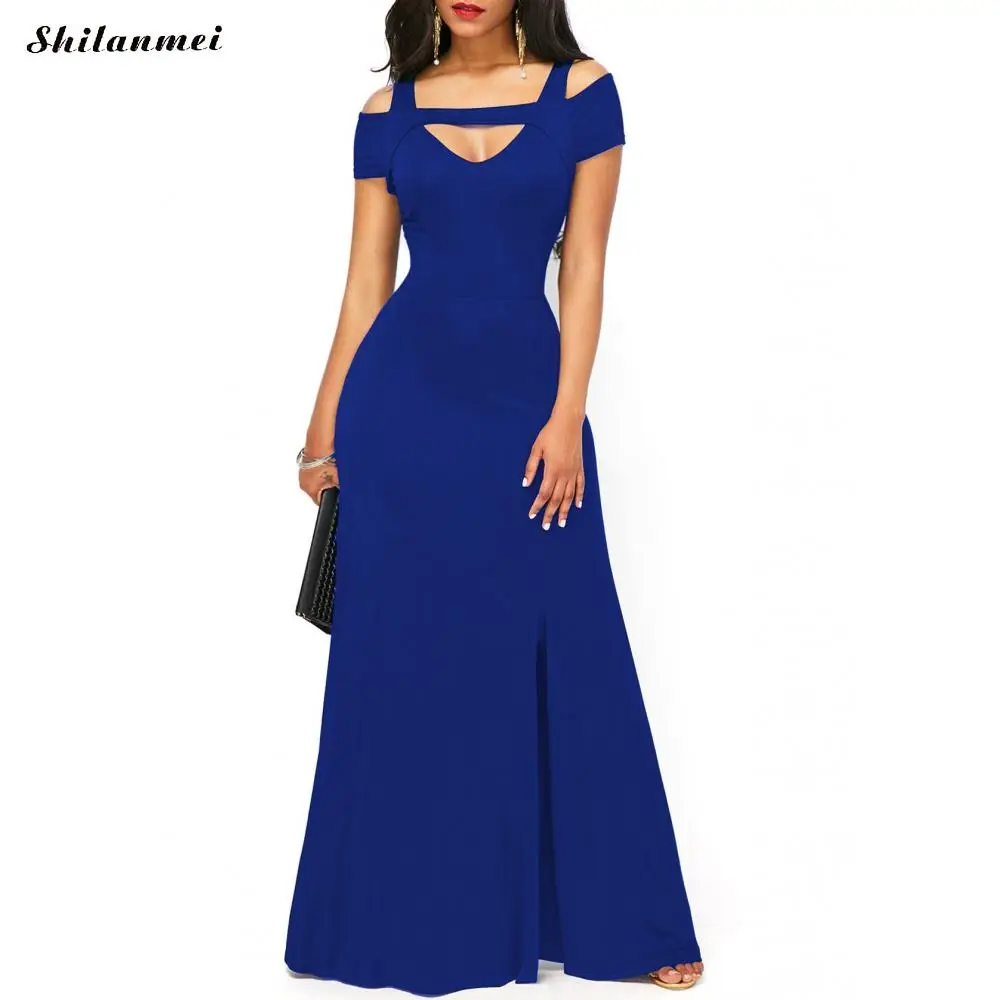 Женское сексуальное элегантное платье с открытыми плечами и v-образным вырезом, с высоким разрезом, вечернее платье, платье макси, Клубное платье макси, однотонное женское платье размера плюс 3Xl - Цвет: blue