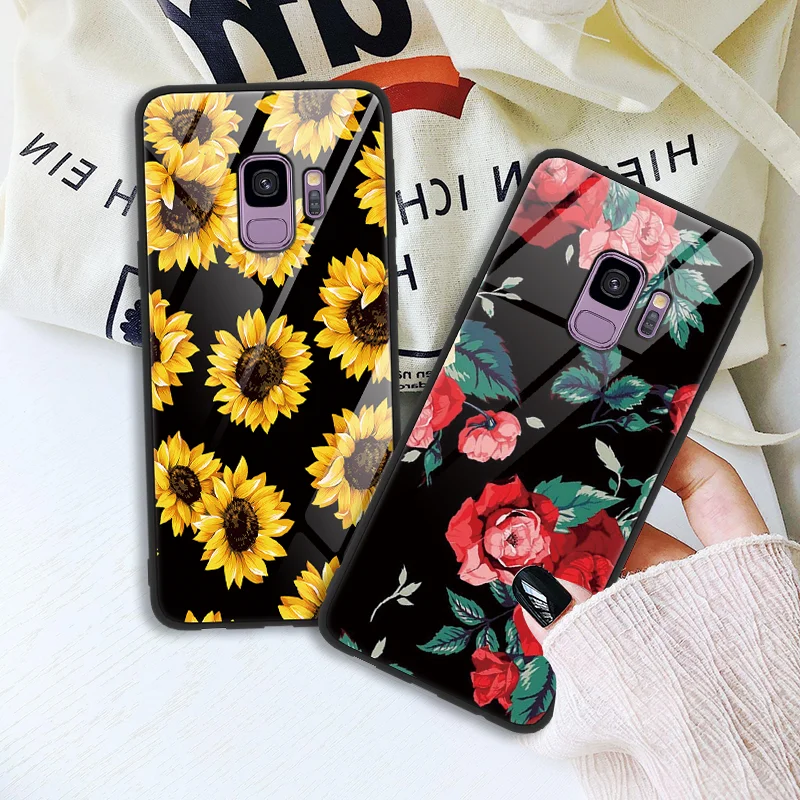 

Rose Floral Tempered Glass Silicone Case For Samsung Galaxy A50 A40 A30 A70 A9 J4 J6 A6 A7 A8 S8 S9 S10 Plus S10e Note 8 9 Coque