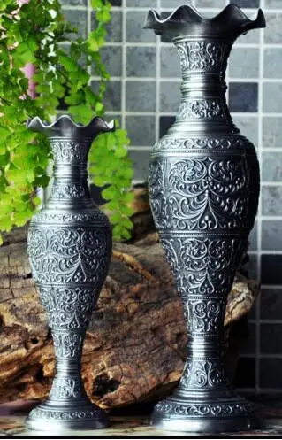 Европейские украшения для дома, металлическая Ретро ваза, декоративная настольная ваза, винтажная Цветочная резная Оловянная ваза, подарок HP019 - Цвет: 1 small and 1 large
