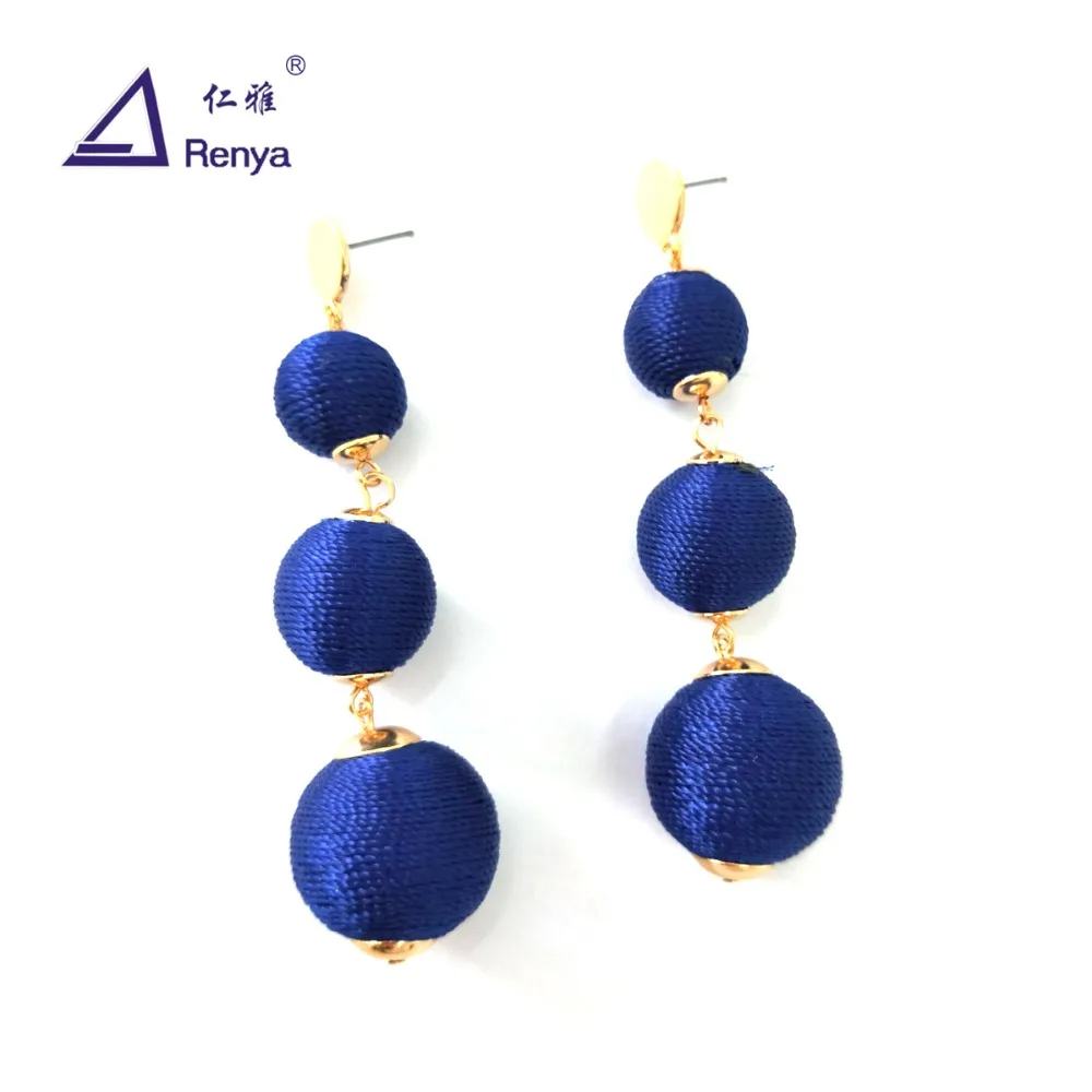 Renya Fashion Bright Colorful Ball Triple Dangle Long Earrings Thread