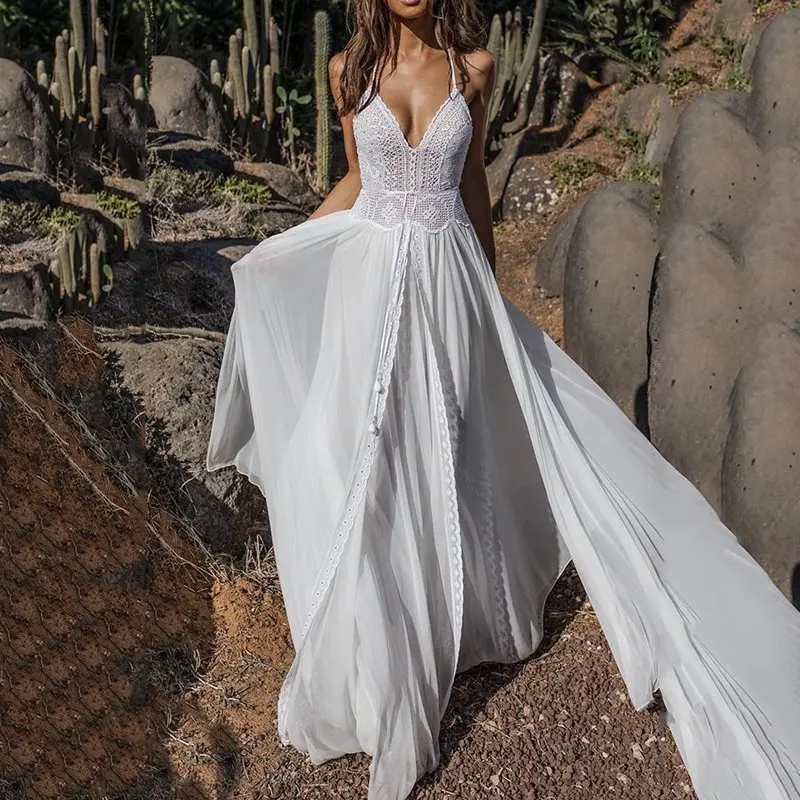 

Sexy Party White Lace Long Dress Elegant Evening 2 Piece Women See Through Backless Summer Boho Robe Deep V Chiffon Maxi Dresses
