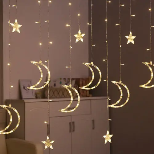 

Fashion Indoor And Outdoor LED Moon And Star Curtain Lights Fairy String Shop Window Display Xmas Bedroom Garden Decor Hot