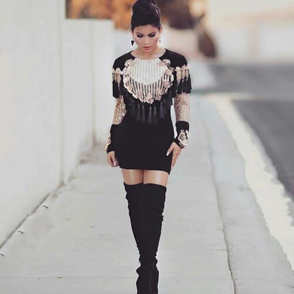 Wholesale 2017 Summer Dress Women Long Sleeve O-Neck Cerebrity Party Velvet Dress SexY Tassel Beading Black Women Dress Wholesale Vestidos Buy Cheap 2017 Summer Dress Women Long Sleeve O-Neck Cerebrity Party Velvet Dress SexY Tassel Beading Black Women Dress Wholesale Vestidos