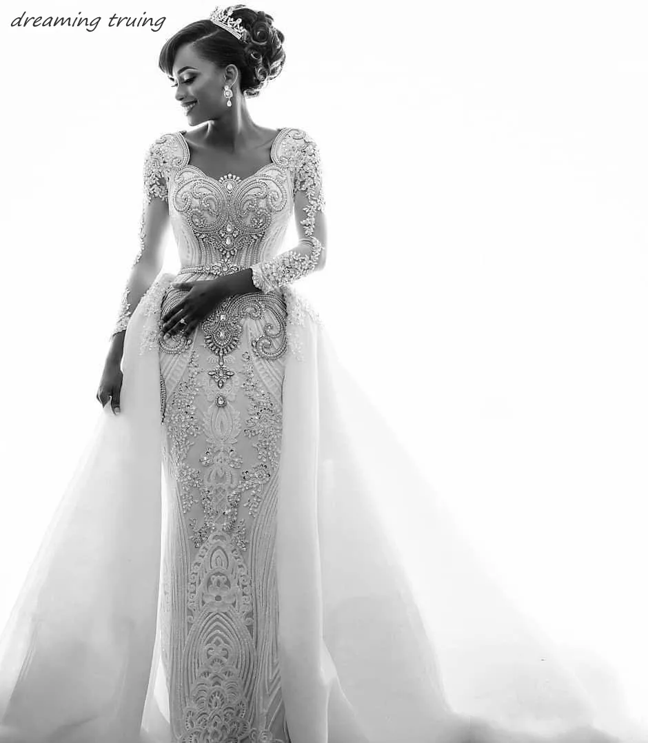Роскошные Африканские свадебные платья тяжелые бисерные Кристаллы Длинные рукава съемный Шлейф Свадебные платья Lebanon Vestido Novia