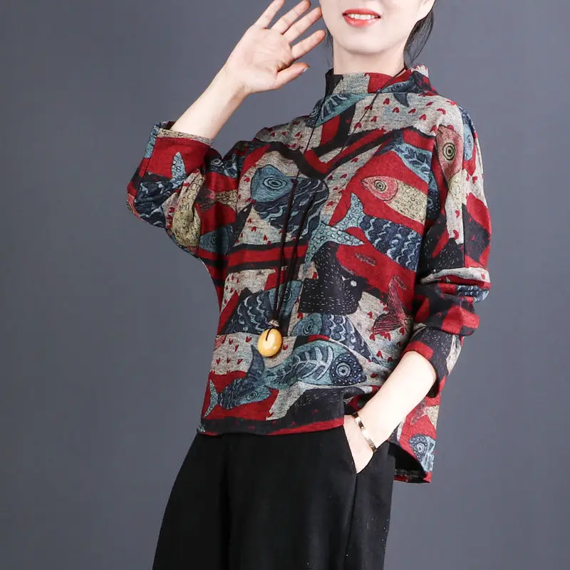 

Vintage Ethnic Women Tops Autumn Fleece Batwing sleeve T Shirt Ladies Plus size Loose High collar Bottoming Tees