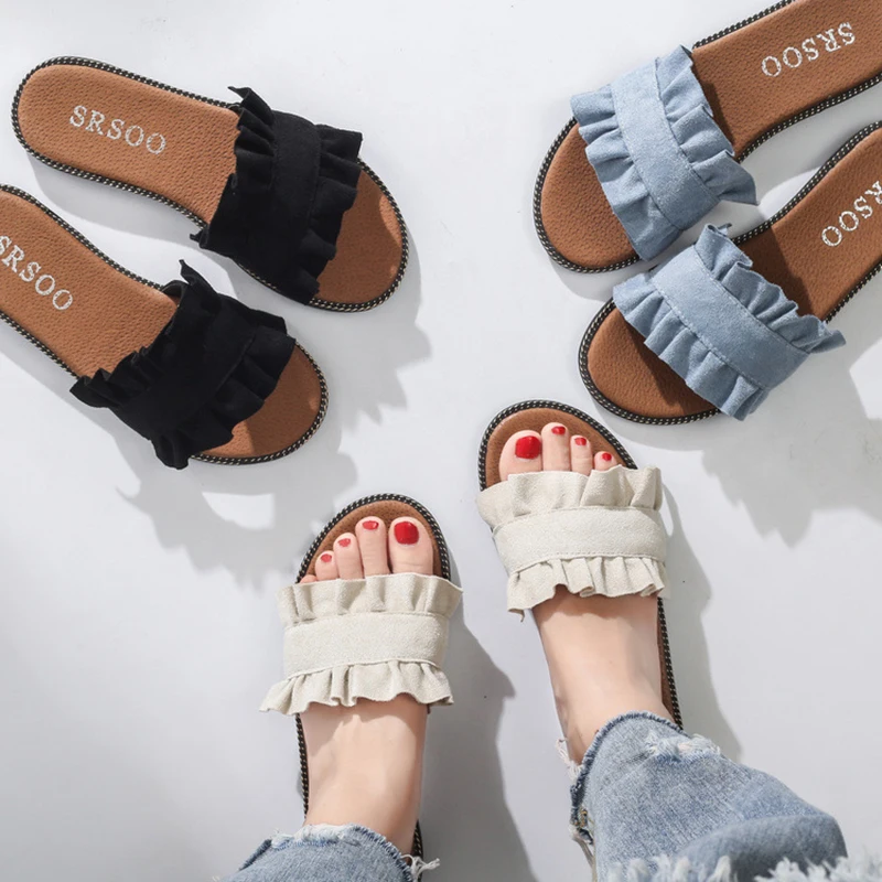 

2019 Summer New Women Fashion Flock Flat Slippers Ladies Casual Elegant Ruffles Outside Slides Size 35-40