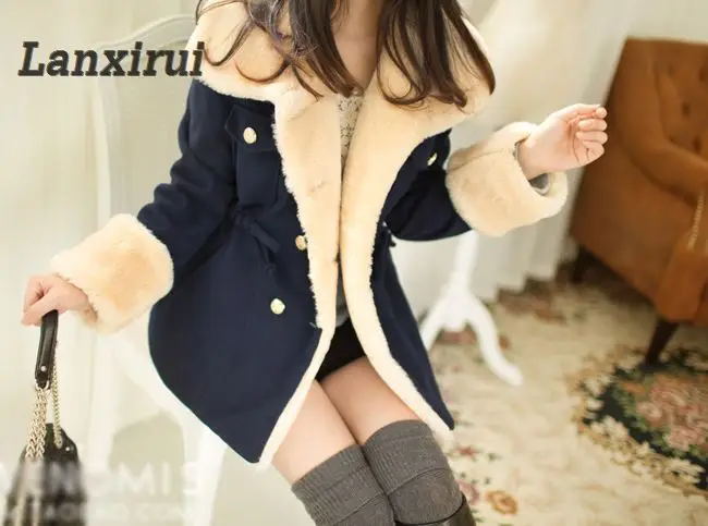 Lanxirui Утепленная одежда зимняя теплая двубортная шерстяная куртка Модные женские туфли пальто Авг 0807