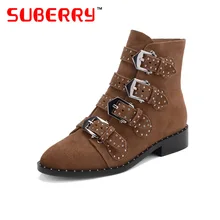 SUBERRY Brand Desgin Women Boots Suede Cowhide Metal Buckle Strap Decorated Stacked Heel Woman Shoes Spring Autumn Ankle Boots