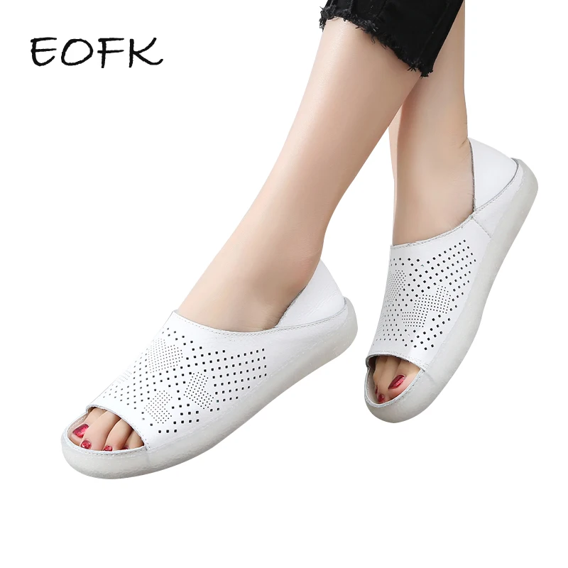 

EOFK Women Sandals Shoes Leather Hollow out Flat Sandals Ladies Casual Soft bottom Breathable Summer Shoes Women Beach Sandals