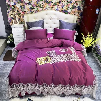 

Noble Blue Lace Edge100S Egyptian cotton Embroidered Tencel Bedding sets Queen King LuxuryDuvet cover Royal Bed sheet set 4pcs