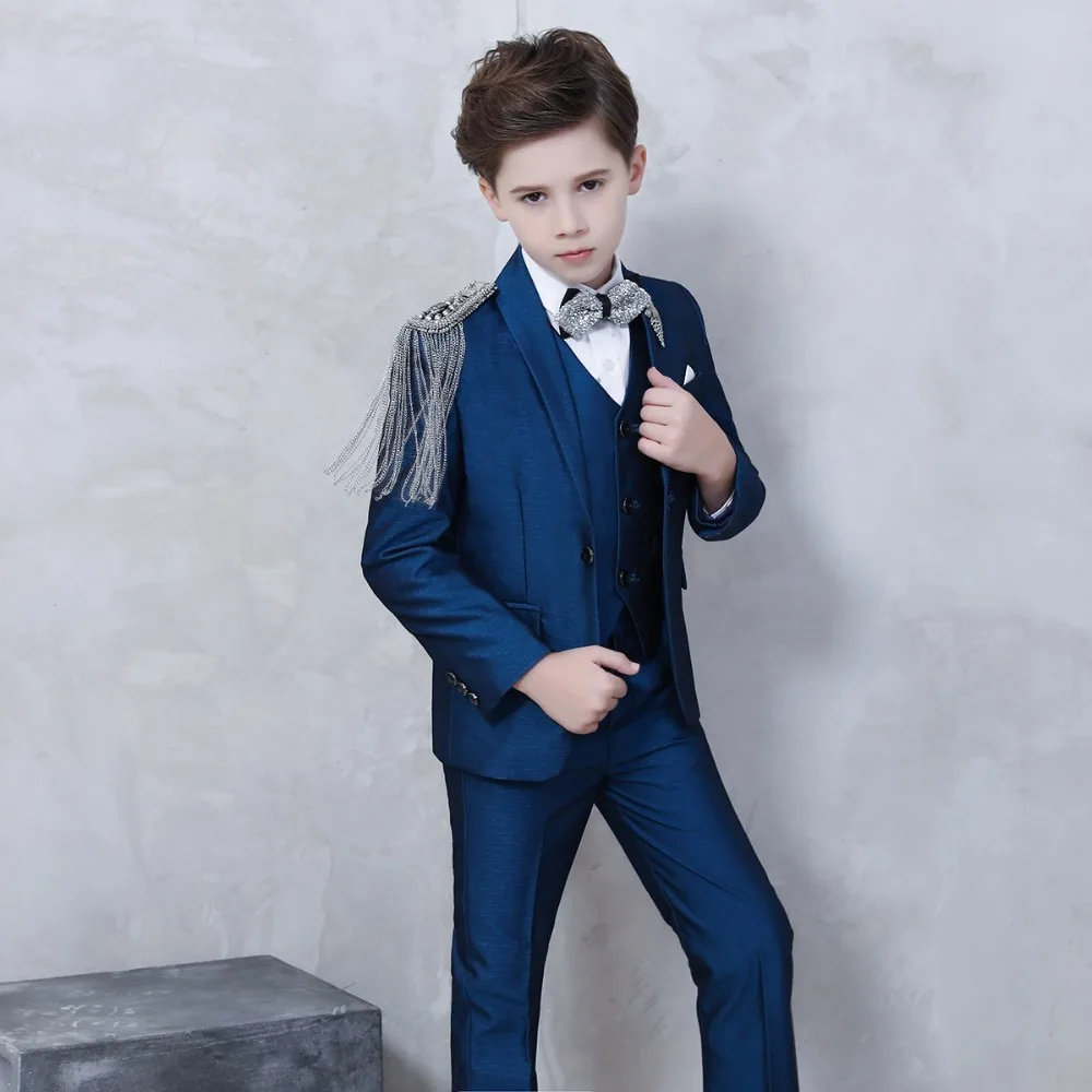Longqibao плечо кисточка мода шоу мальчик одежда костюм куртка темно-синий Детский костюм для мальчика подходит для Свадебная скатерть