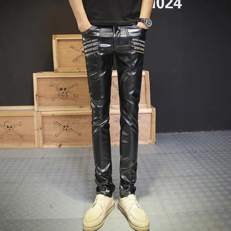 

2016 European style Casual Trousers personality zipper Black harem mens slim PU Faux Leather skinny Pencil pants