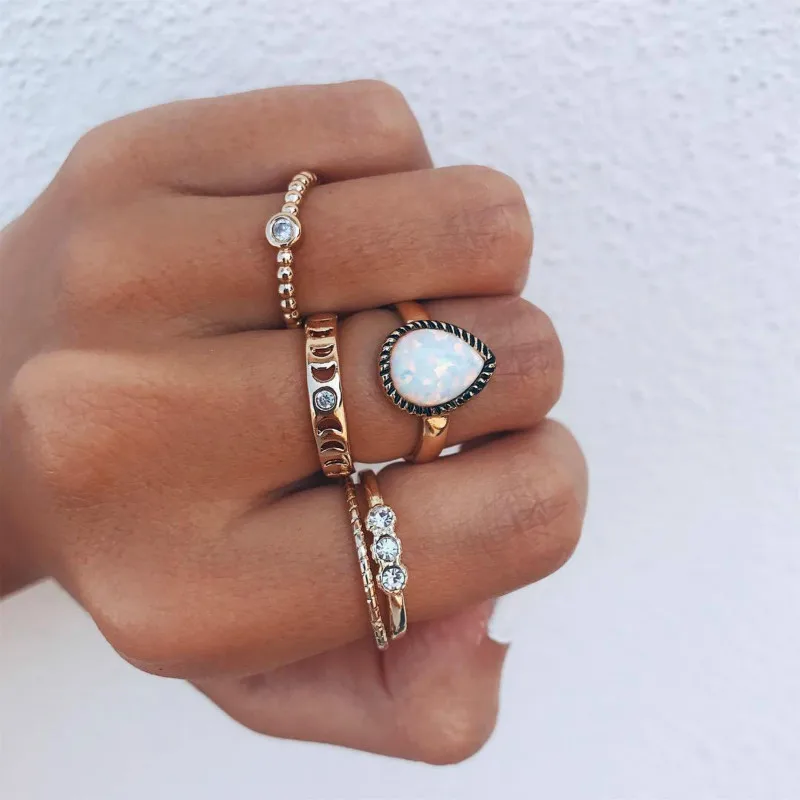 

5pcs/Sweet and simple European and American moon drop ring ring combination fashion personality vintage ring wholesale