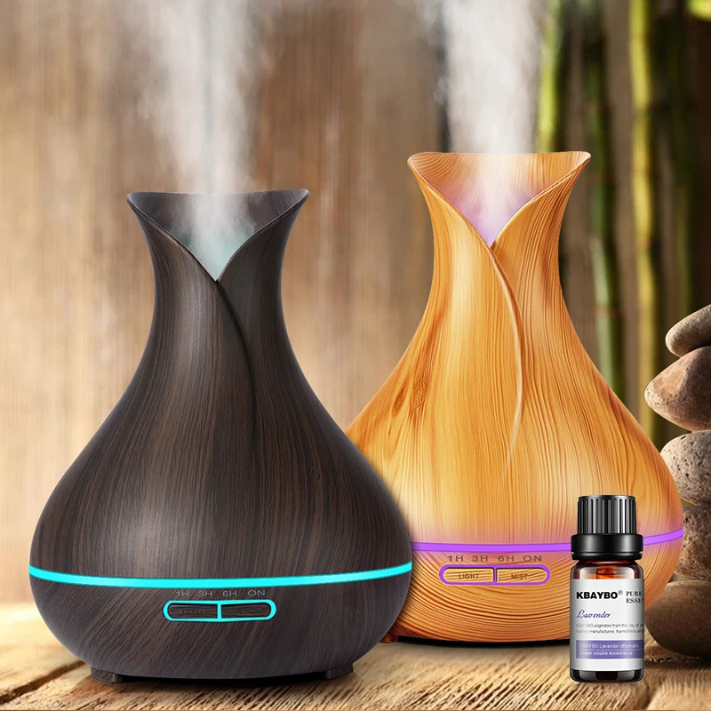 

400 ML Ultrasonic Air Humidifier Wood Grain Electric Aromatherapy Oil Diffuser Cool Mist Maker 7 Color Changing Light For Home