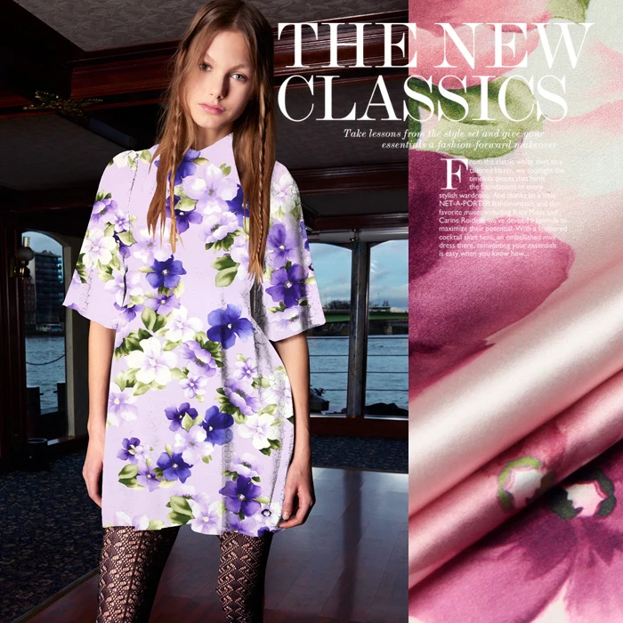 

118cm wide 19mm 93% silk & 7% pink floral print purple pink silk satin fabric for dress shirt clothes cheongsam D030