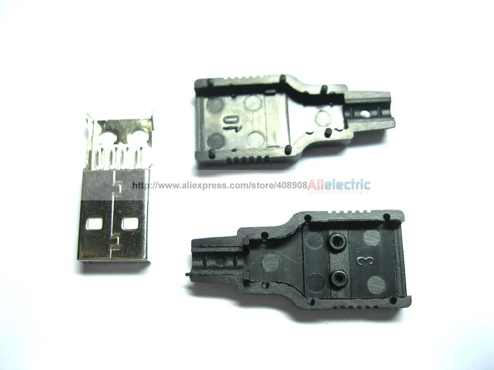 

200 Pcs A M Solder 3 Piece 4 Pin USB Male Plug Connector Black Plasitc Cover