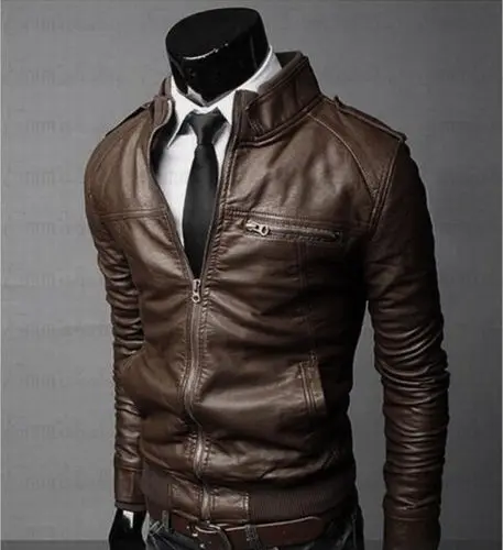 Новинка, брендовая модная повседневная мужская куртка из искусственной кожи, Байкерская приталенная мотоциклетная Черная куртка, пальто - Цвет: Серый