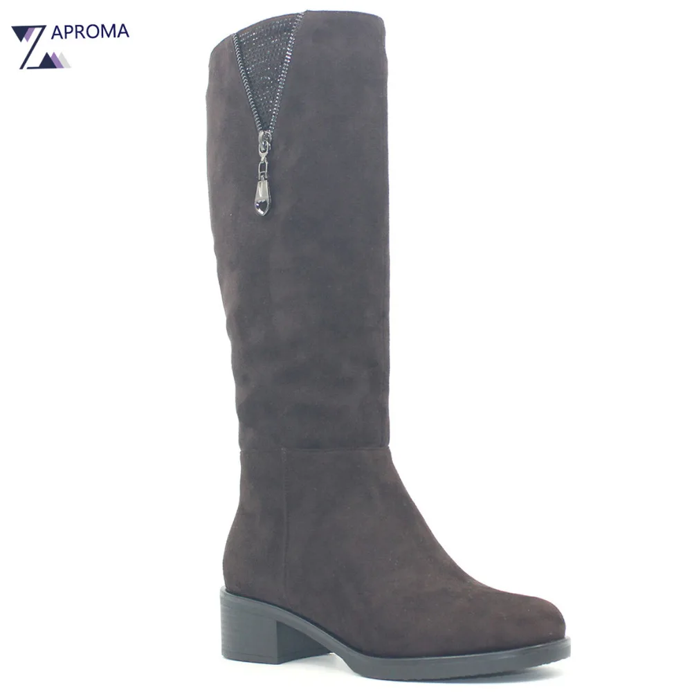 Med Heel Brown Suede font b Women b font Boots Double Zip Square Heel Crystal Winter