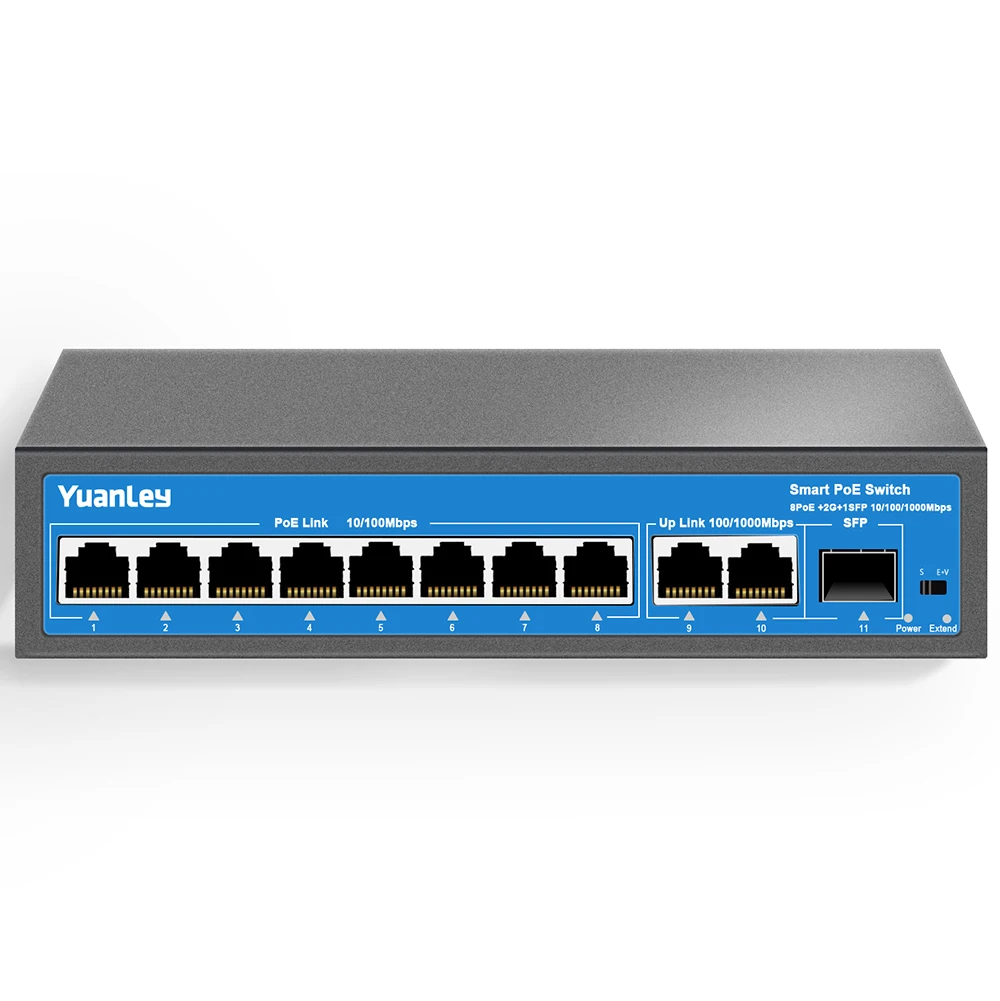 Коммутатор YuanLey с 8 портами PoE, 2 канала связи Gigabit Ethernet, 1 порт SFP, 120 Вт 802.3af/at, безвентиляторный Неуправляемый коммутатор Plug& Play PoE