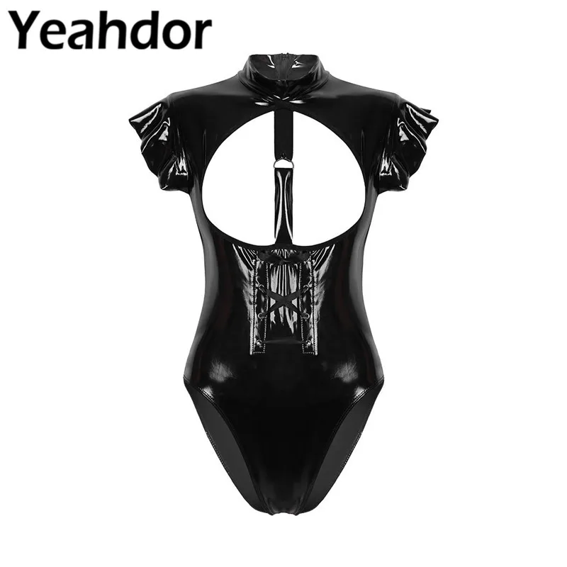 

Sexy Women One-piece Wetlook Patent Leather Lingerie High Neck Cap Sleeve Open Bust Teddy Bodysuit Nightwear Club Wear Jumpsuit